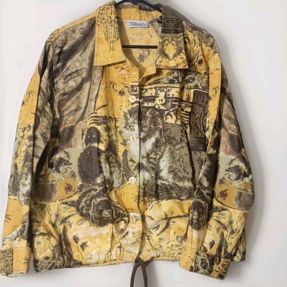 Vintage Yellow Rhinestone Cat Jacket Women's XL Denim w Drawstring Waist Unique - Picture 1 of 12